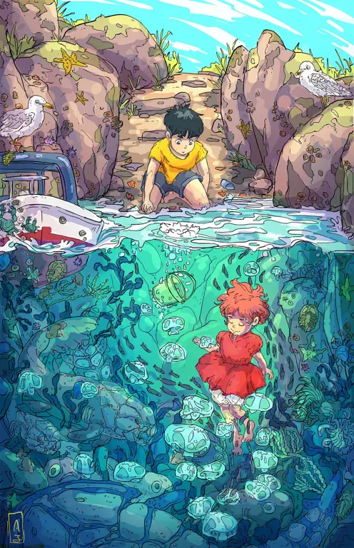 Ilustrasi Ponyo dan Sosuke