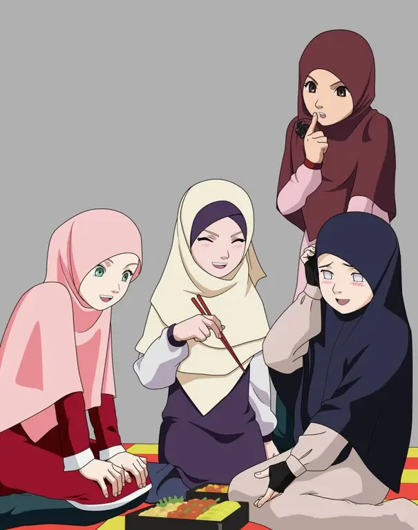 Tiga gadis muslimah sahabat karib dalam gaya anime.