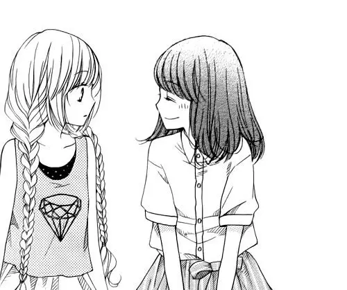 Persahabatan yang erat antara dua gadis anime Dua sahabat perempuan anime sedang berpelukan