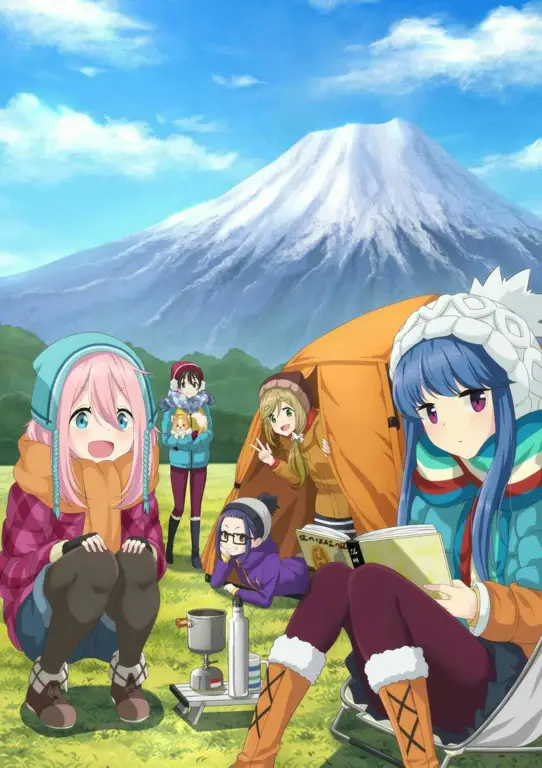 Para karakter utama anime Yuru Camp sedang berkemah bersama.