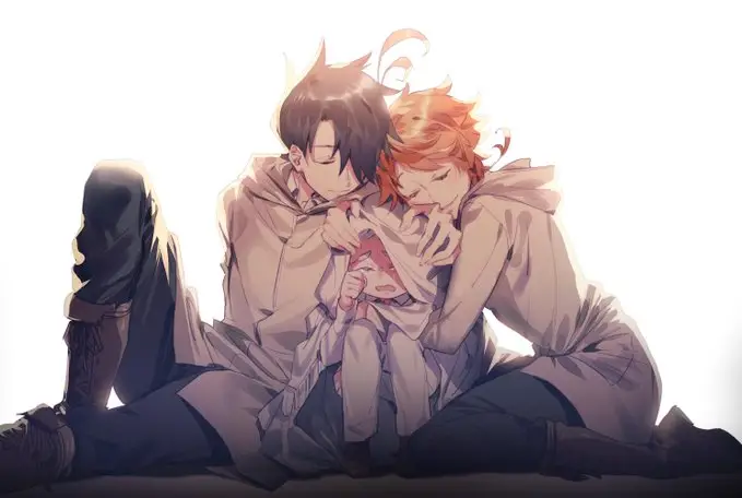 Emma, Norman, dan Ray dalam Yakusoku no Neverland