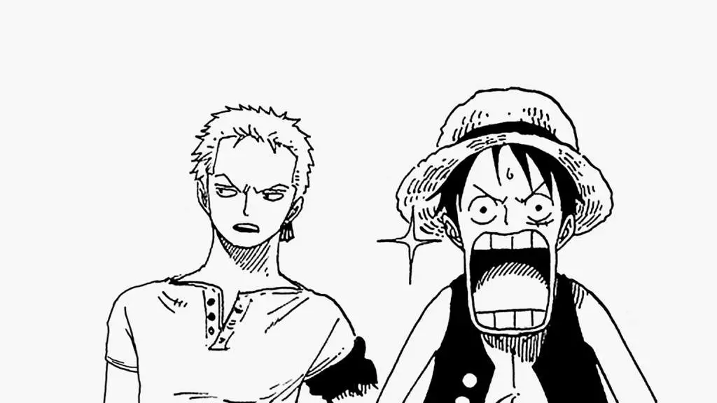 Gambar Zoro dan Luffy yang sedang berpose bersama, menunjukkan persahabatan mereka.