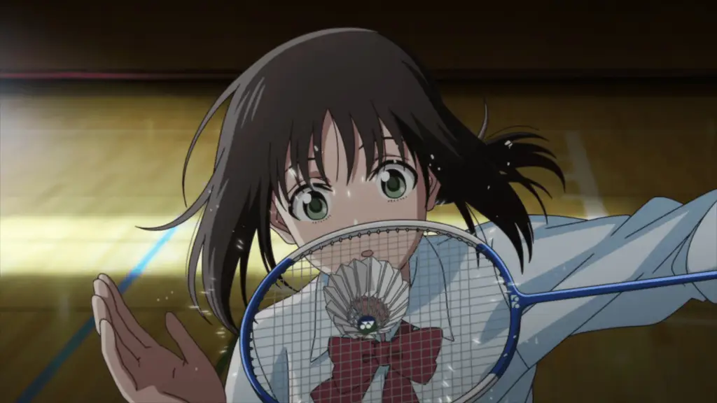 Screenshot adegan anime Hanebado! yang menampilkan pertandingan bulu tangkis yang menegangkan.