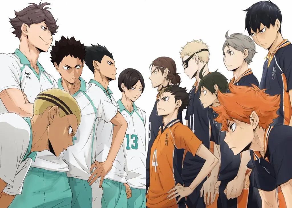 Pertandingan Legendaris Karasuno vs Aoba Johsai Gambar pertandingan sengit antara Karasuno dan Aoba Johsai dalam anime Haikyuu!!