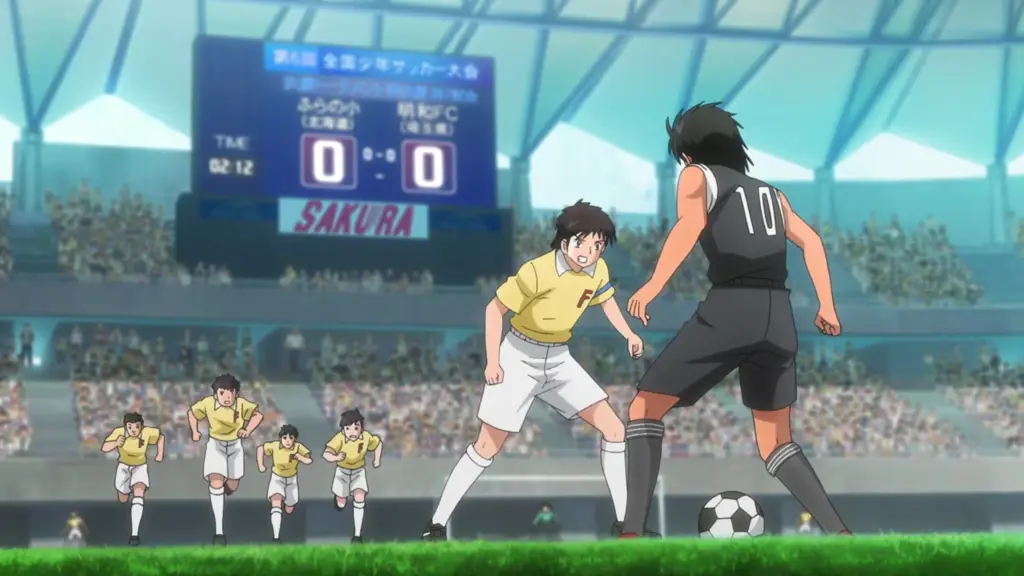 Gambar adegan pertandingan yang menegangkan dalam Captain Tsubasa episode 14.