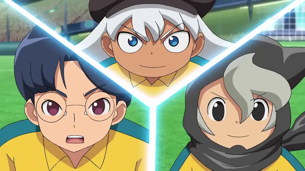 Cuplikan layar dari Inazuma Eleven Ares no Tenbin episode 20 yang menampilkan pertandingan seru antara Raimon dan lawan mereka.