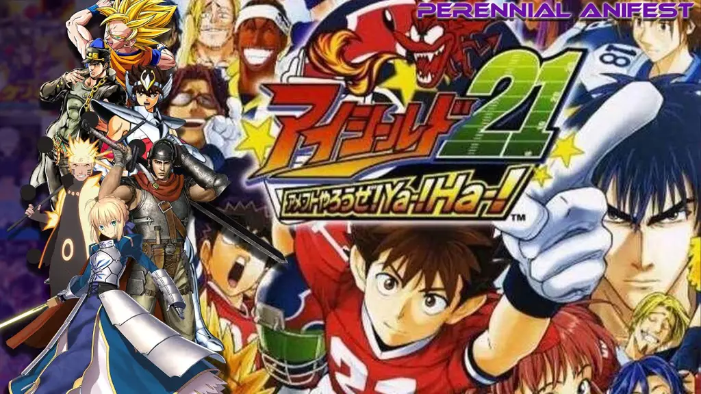 Gambar adegan pertandingan sepak bola Amerika dalam anime EyeShield 21