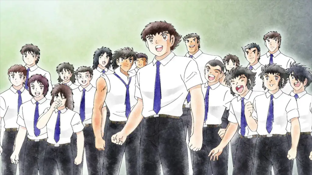 Gambar yang menunjukkan pertandingan sepak bola yang menegangkan dalam arc Junior Youth Captain Tsubasa