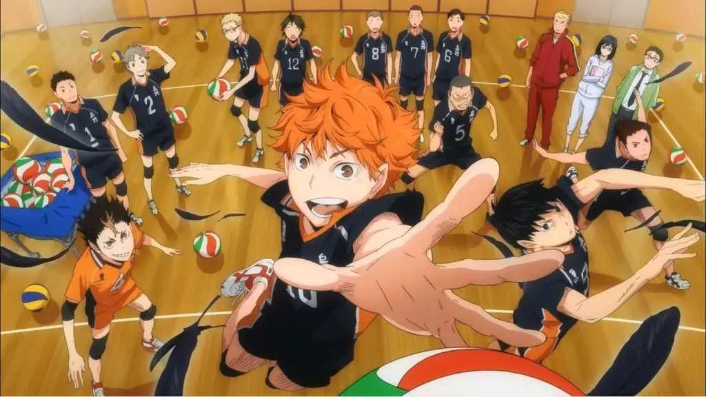 Adegan pertandingan voli yang menegangkan dalam Haikyuu!! Season 1 Episode 1.