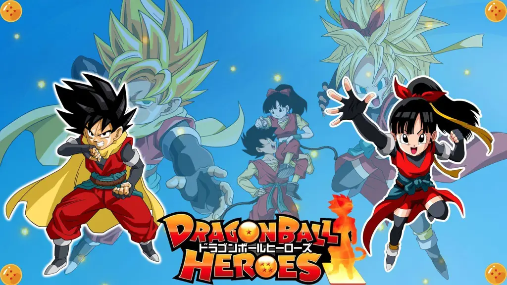 Gambar promosi Dragon Ball Heroes dengan berbagai karakter yang sedang bertarung