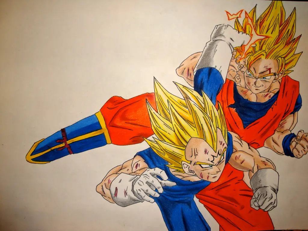 Gambar Goku dan Vegeta sedang bertarung dengan penuh semangat