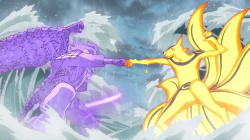 Naruto dan Sasuke sedang bertarung dalam pertarungan yang menegangkan.