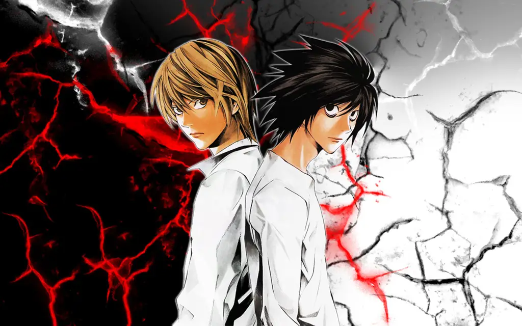 Gambar Light Yagami dan L dalam pertarungan intelektual