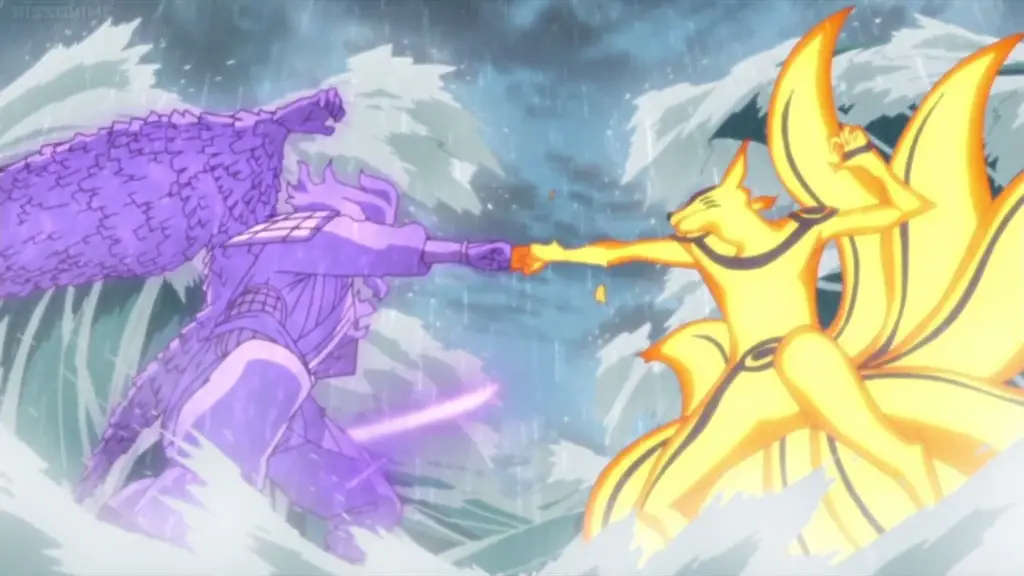 Pertarungan pamungkas Naruto dan Sasuke Naruto dan Sasuke bertarung dalam pertarungan terakhir yang menentukan