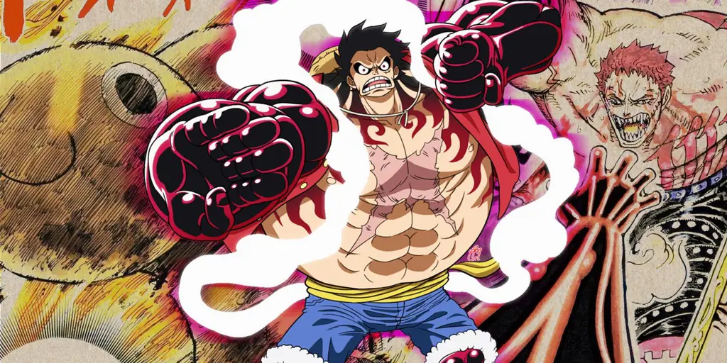 Gambar para karakter One Piece sedang bertarung dengan sengit