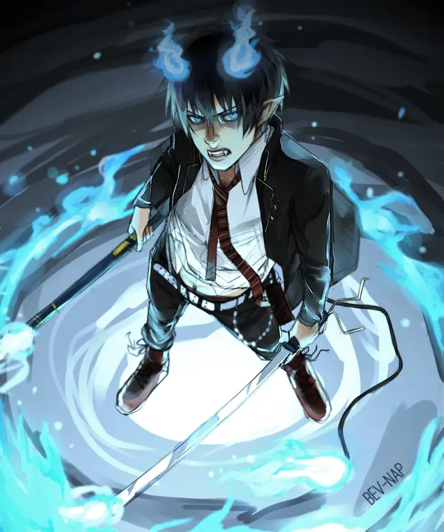 Rin Okumura melawan iblis yang kuat