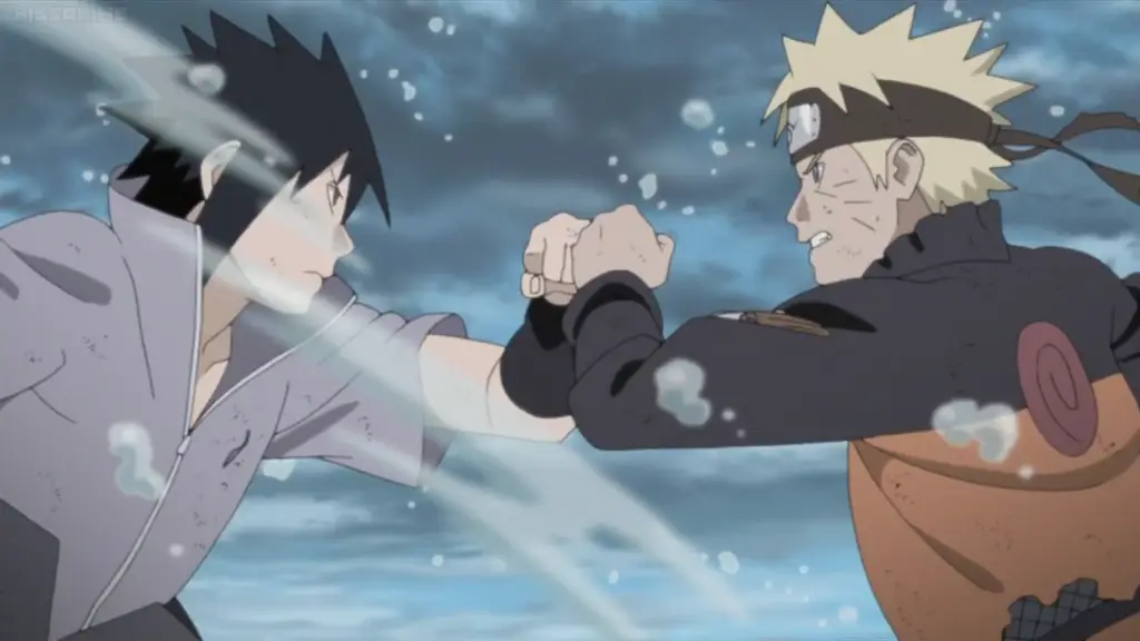 Gambar Naruto dan Sasuke bertarung dengan latar belakang yang dramatis