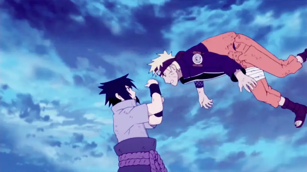 Gambar Naruto dan Sasuke bertarung dengan latar belakang yang dramatis