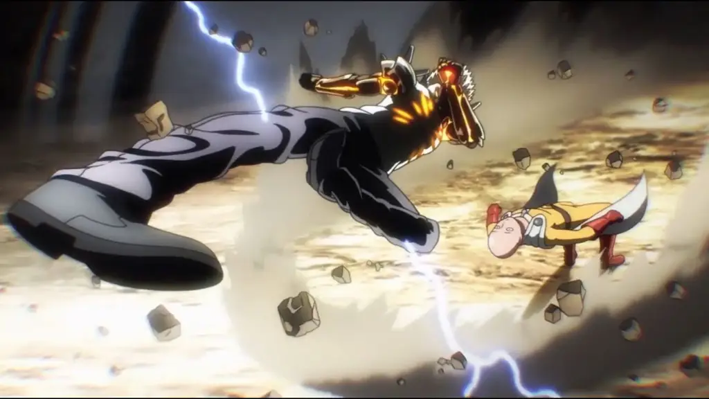 Gambar para karakter One Punch Man sedang bertarung dengan musuh yang kuat.