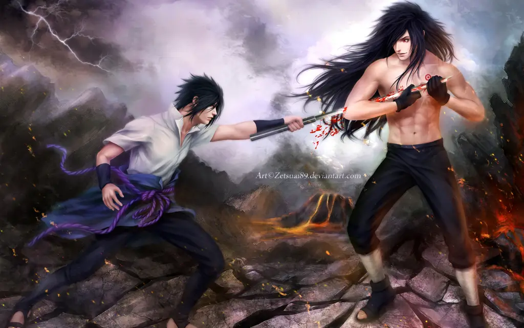 Naruto dan Sasuke melawan Madara dalam pertempuran yang sengit.