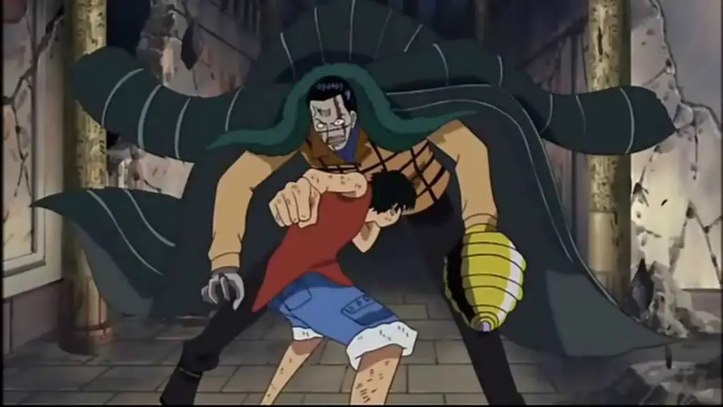 Luffy dan Crocodile bertarung sengit di gurun Alabasta.