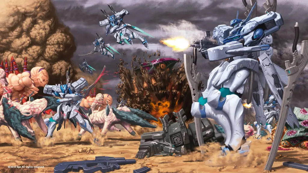 Gambar yang menggambarkan pertarungan mecha yang spektakuler dalam anime Muv Luv, dengan efek visual yang memukau.