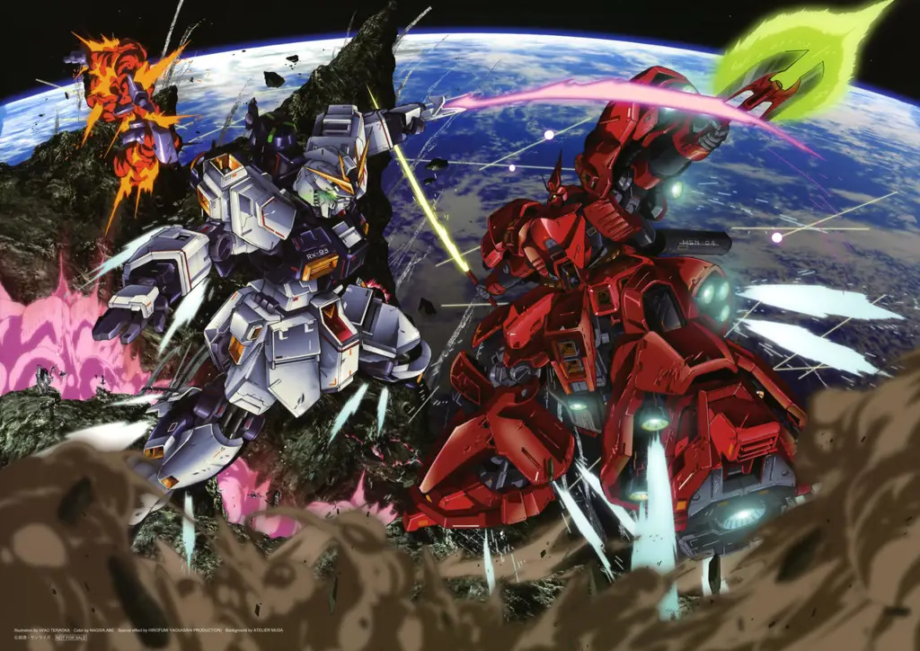 Nu Gundam dan Sazabi bertempur di ruang angkasa