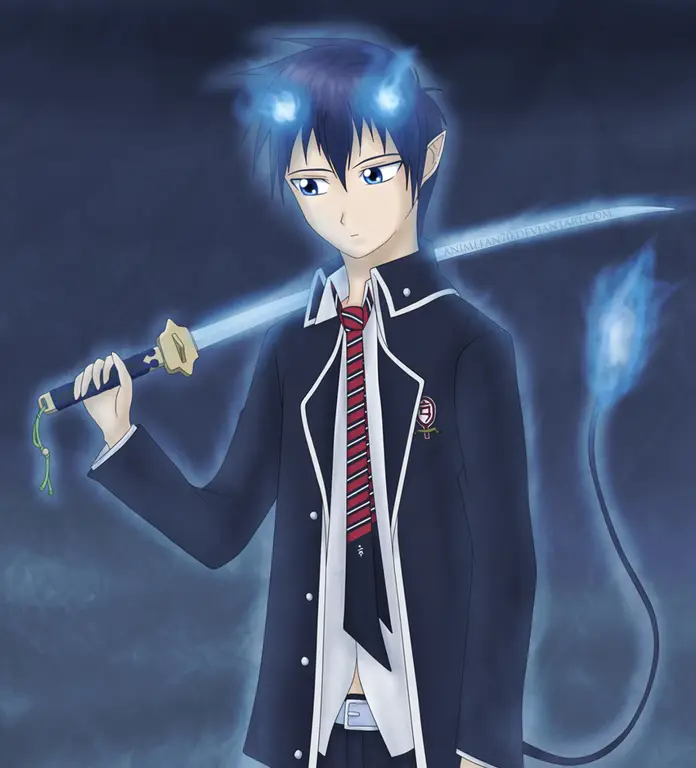 Rin Okumura melawan iblis-iblis dalam Ao no Exorcist