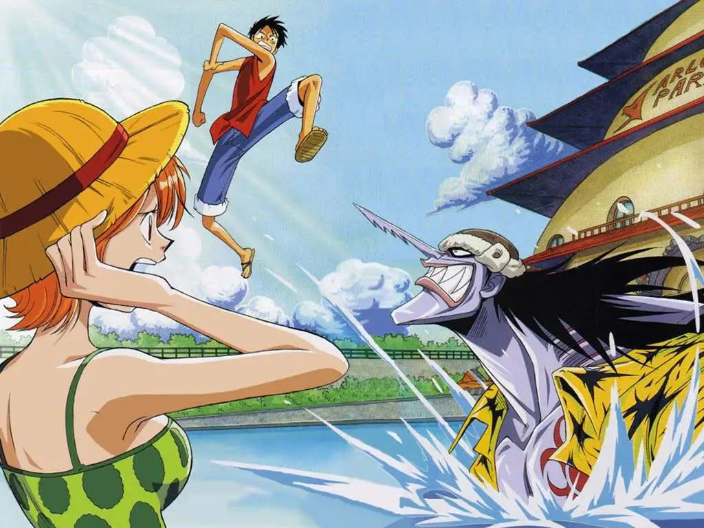 Gambar yang menggambarkan adegan pertarungan di Arc Arlong Park One Piece