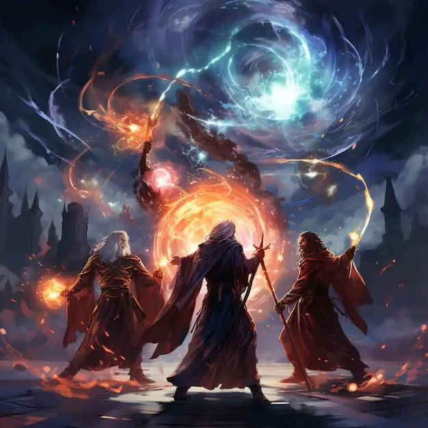 Pertempuran sihir antara Archmage Zarthus dan tokoh misterius Ilustrasi duel sihir yang spektakuler antara dua penyihir