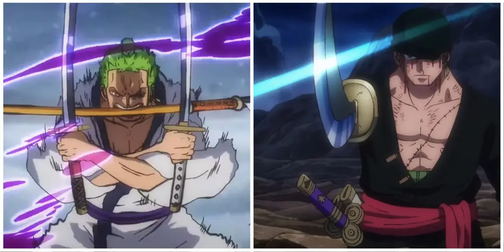 Ilustrasi Roronoa Zoro bertarung dengan karakter anime lainnya