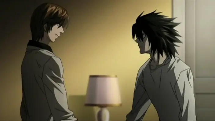 Gambar Light Yagami dan L sedang bertatap muka