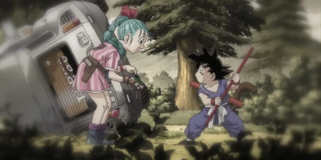 Gambar Goku dan Bulma bertemu untuk pertama kali.