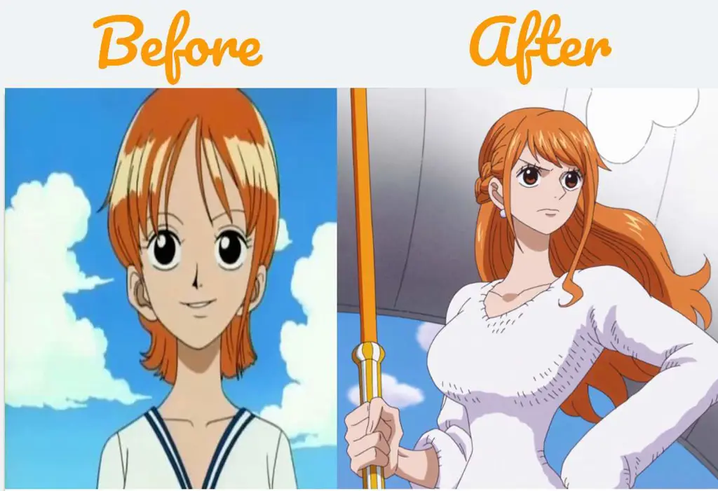 Gambar perbandingan penampilan karakter One Piece sebelum dan sesudah timeskip.