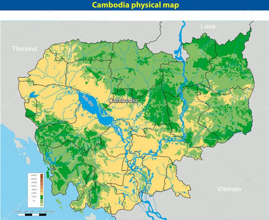 Peta fisik Kamboja menampilkan fitur geografis seperti gunung dan sungai