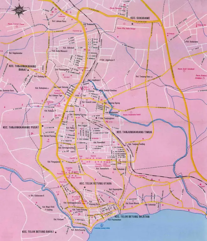 Peta Kota Bandar Lampung yang menunjukkan lokasi-lokasi penting seperti pusat pemerintahan, tempat wisata, dan pusat perbelanjaan.