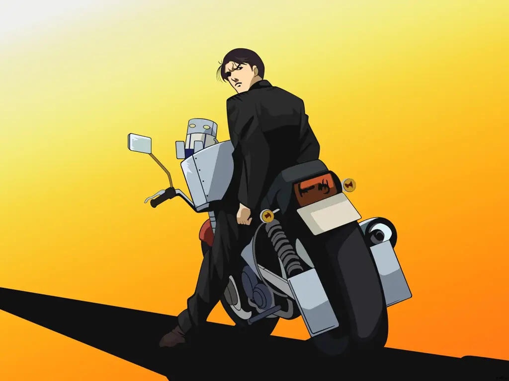 Karakter anime sedang mengendarai motor