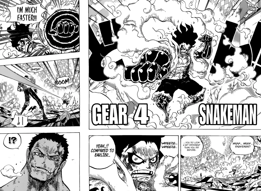 Panel-panel manga One Piece yang menampilkan Luffy dan kru Topi Jerami