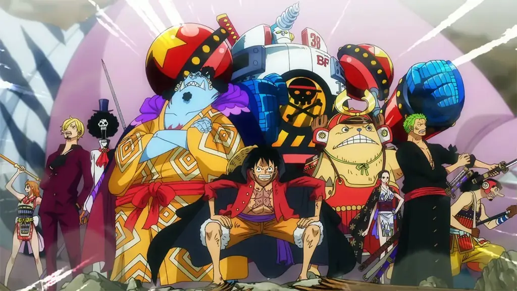 Gambar Luffy dan kru Topi Jerami dalam perjalanan petualangan