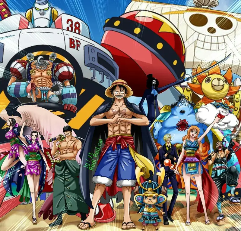 Gambar Luffy dan kru Topi Jerami yang sedang beraksi
