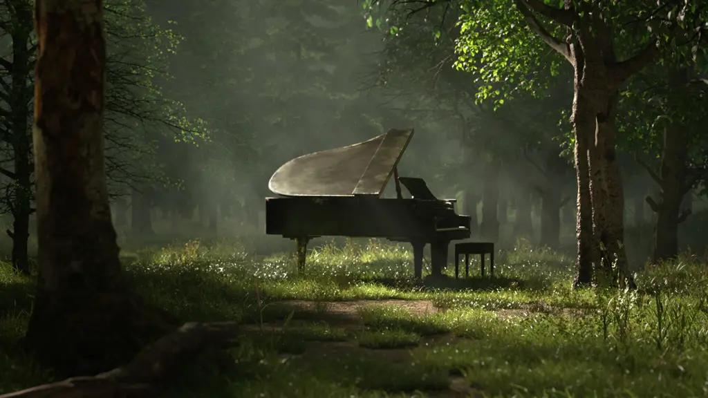 Sebuah piano tua tergeletak di tengah hutan yang sunyi.