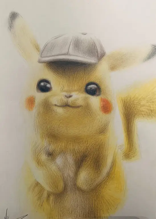 Gambar Pikachu yang digambar secara realistis dengan detail yang sangat baik