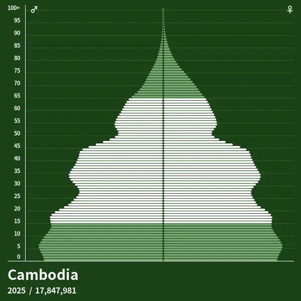 Grafik piramida penduduk Kamboja yang menunjukkan distribusi usia dan jenis kelamin