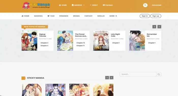 Contoh tampilan antarmuka situs web atau aplikasi baca manga online