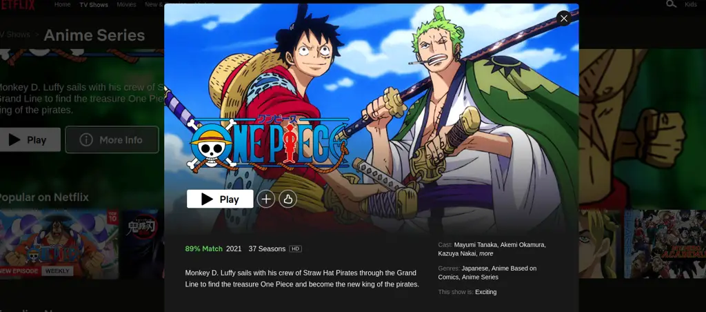 Antarmuka platform streaming yang menampilkan One Piece