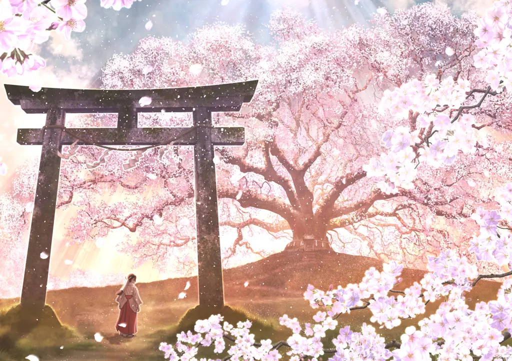 Seni anime yang menampilkan pohon sakura yang indah