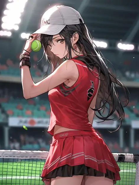 Gambar gadis tenis anime dalam pose aksi yang dinamis