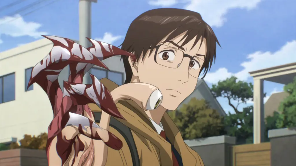 Poster anime Parasyte yang menampilkan Shinichi dan Migi