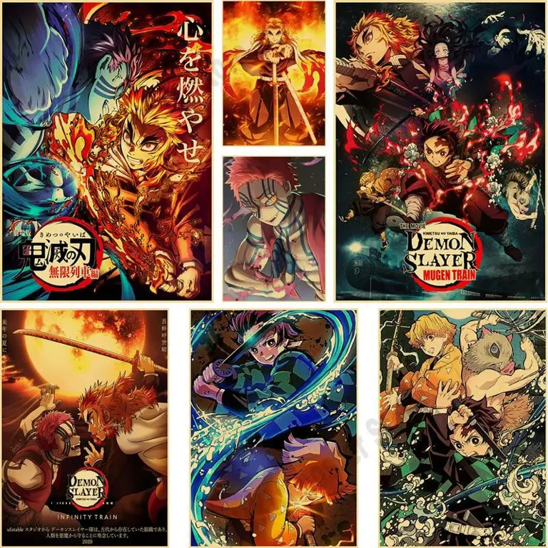 Poster film Demon Slayer: Mugen Train yang menampilkan Tanjiro, Nezuko, Zenitsu, dan Inosuke Poster film Demon Slayer: Mugen Train