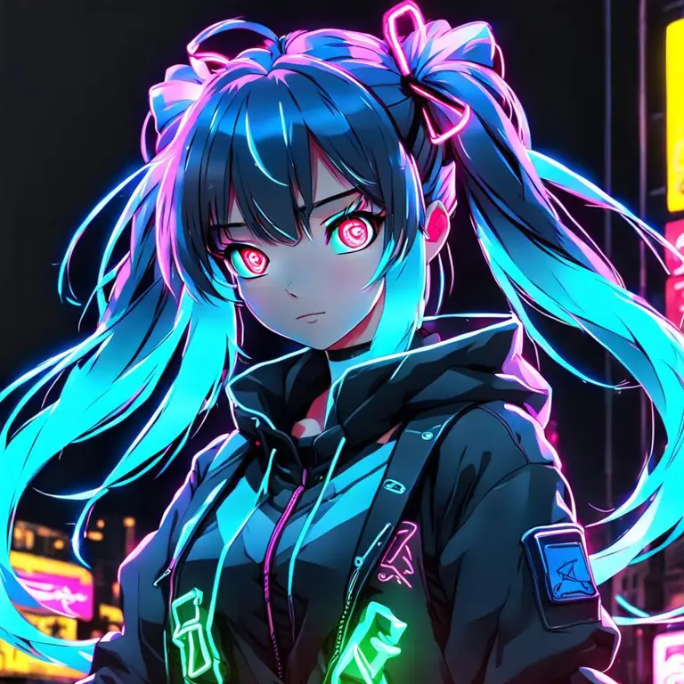 Potret gadis anime dengan gaya neon yang mencolok.